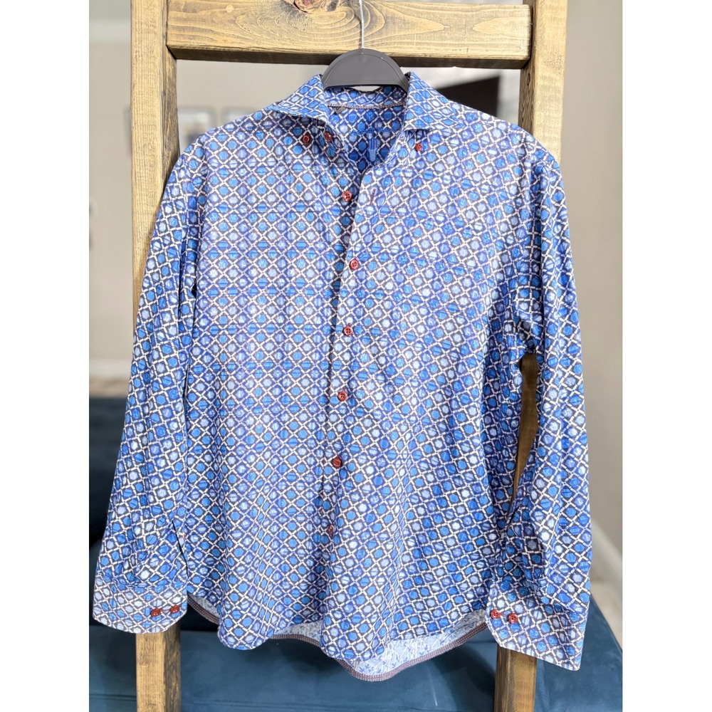 Visconti Black Mens Blue Geometric Honeycomb Button Down Shirt Small Long Sleeve